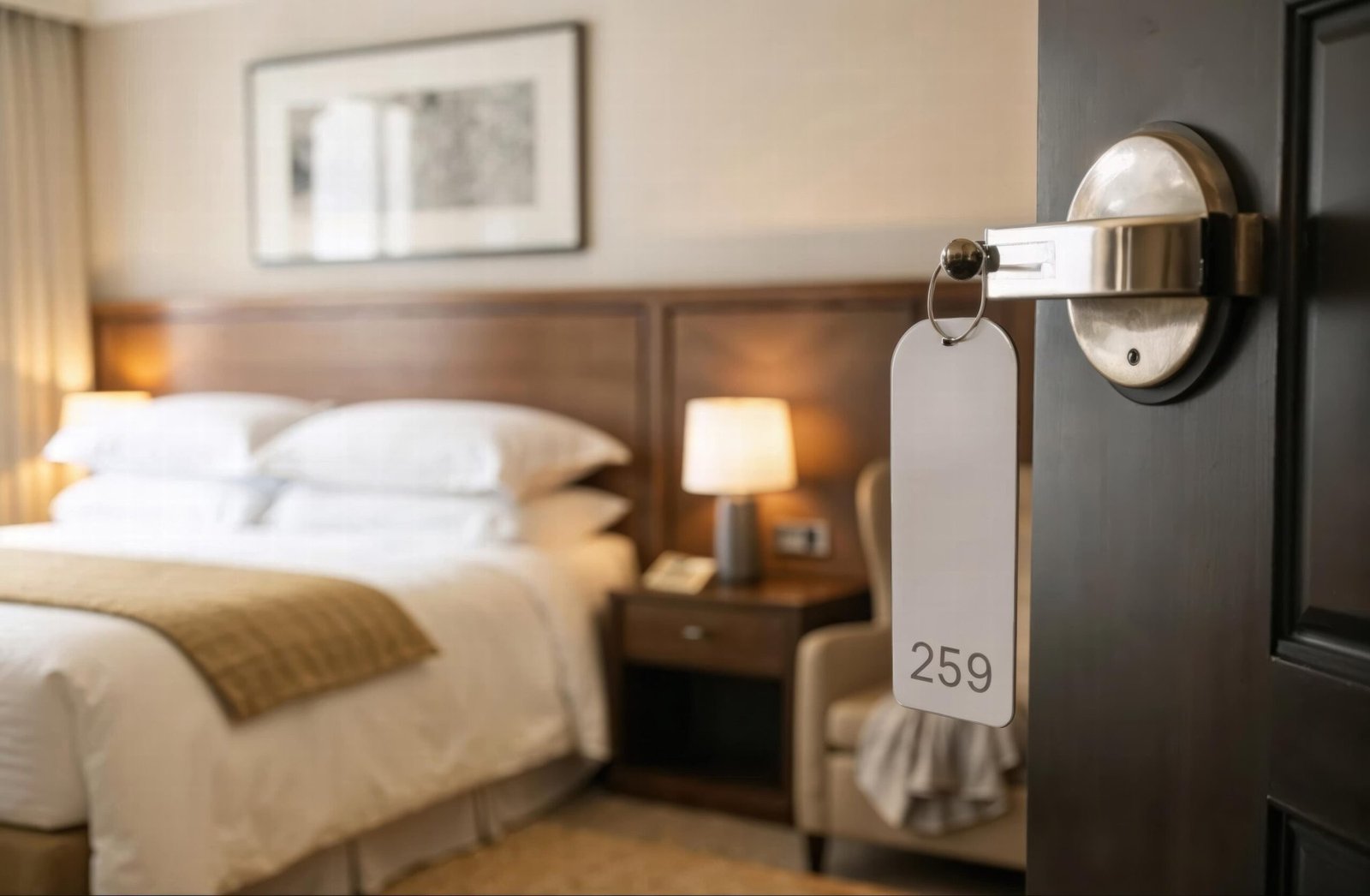 Habitación de hotel preparada y vestida, con la llave sobre la cama, lista para recibir al huésped